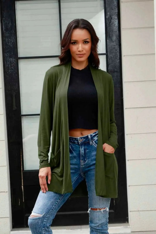 Basic Bae Full Size Open Front Long Sleeve Cardigan with Pockets - ShalayeFashion
