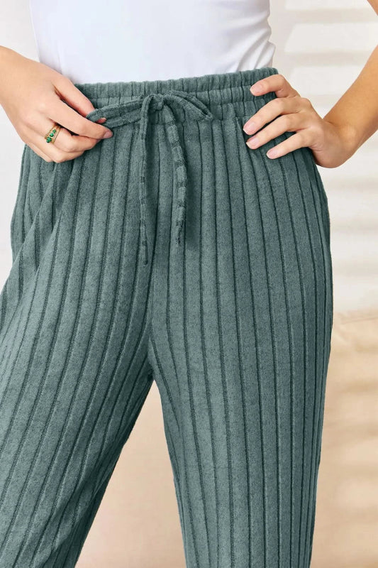 Basic Bae Full Size Ribbed Drawstring Hooded Top and Straight Pants Set - ShalayeFashion