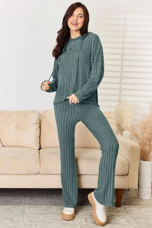 Basic Bae Full Size Ribbed Drawstring Hooded Top and Straight Pants Set - ShalayeFashion