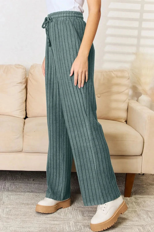 Basic Bae Full Size Ribbed Drawstring Hooded Top and Straight Pants Set - ShalayeFashion
