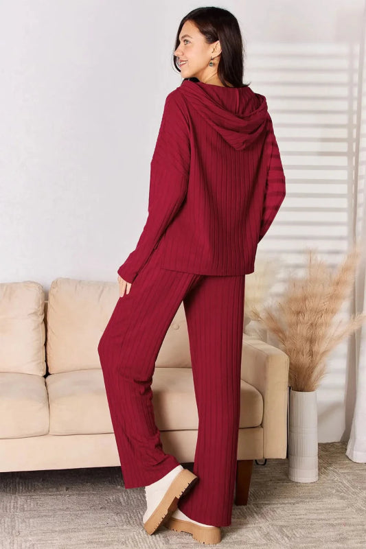 Basic Bae Full Size Ribbed Drawstring Hooded Top and Straight Pants Set - ShalayeFashion