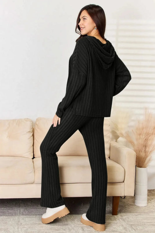 Basic Bae Full Size Ribbed Drawstring Hooded Top and Straight Pants Set - ShalayeFashion