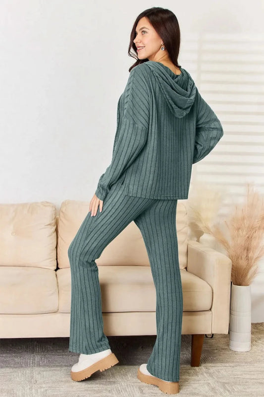 Basic Bae Full Size Ribbed Drawstring Hooded Top and Straight Pants Set - ShalayeFashion
