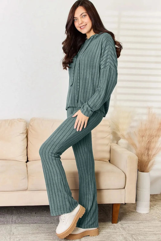 Basic Bae Full Size Ribbed Drawstring Hooded Top and Straight Pants Set - ShalayeFashion