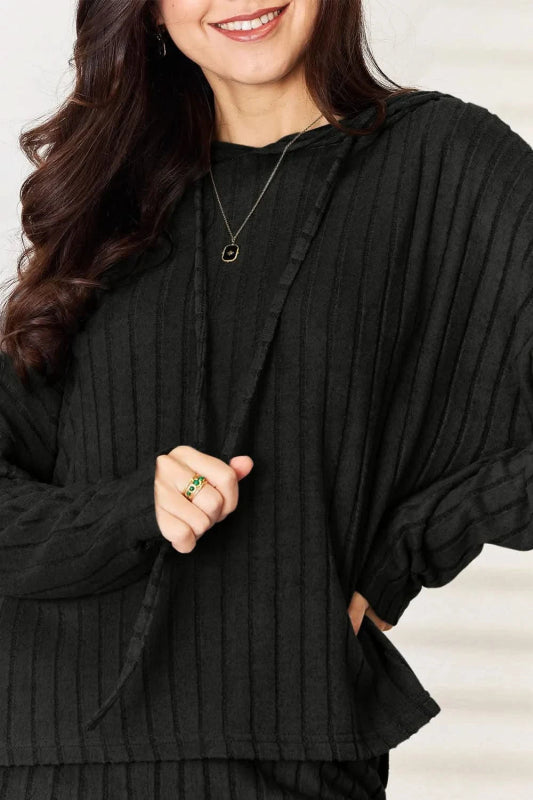Basic Bae Full Size Ribbed Drawstring Hooded Top and Straight Pants Set - ShalayeFashion
