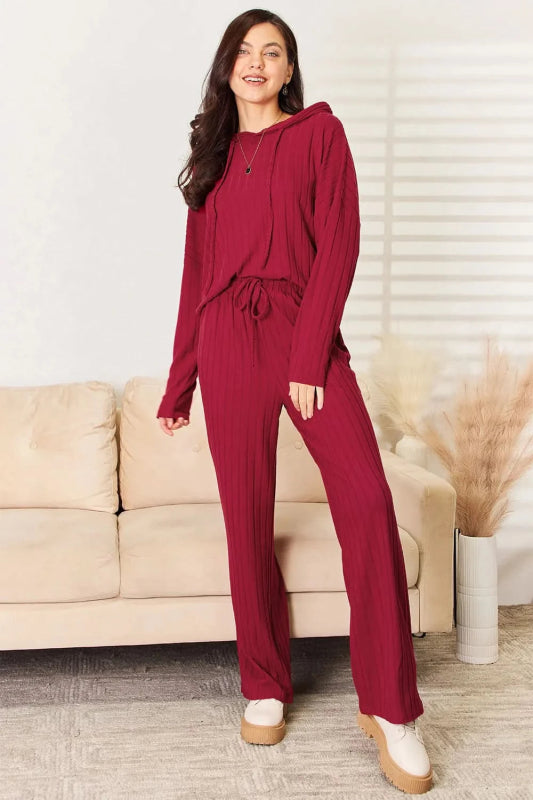 Basic Bae Full Size Ribbed Drawstring Hooded Top and Straight Pants Set - ShalayeFashion