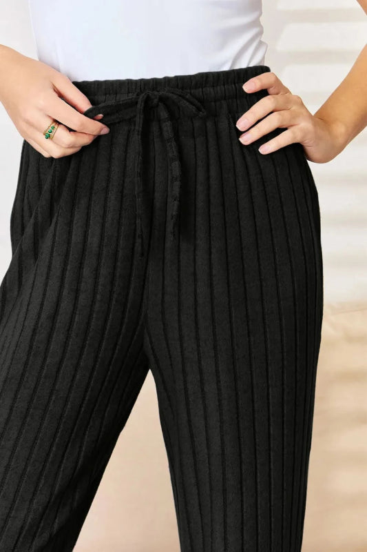 Basic Bae Full Size Ribbed Drawstring Hooded Top and Straight Pants Set - ShalayeFashion