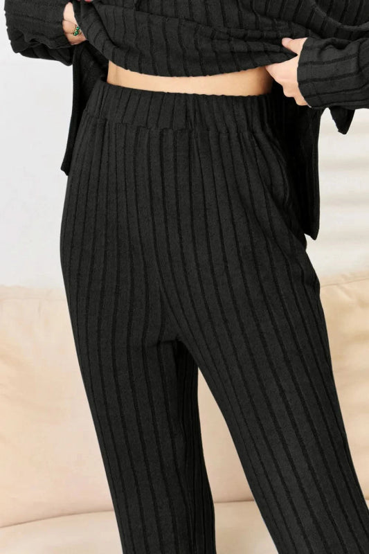 Basic Bae Full Size Ribbed Drawstring Hooded Top and Straight Pants Set - ShalayeFashion