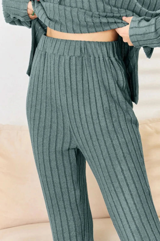 Basic Bae Full Size Ribbed Drawstring Hooded Top and Straight Pants Set - ShalayeFashion