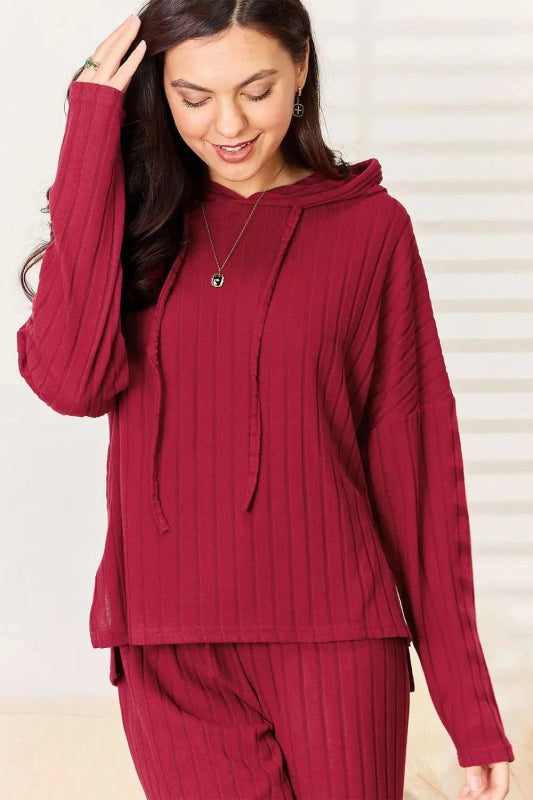 Basic Bae Full Size Ribbed Drawstring Hooded Top and Straight Pants Set - ShalayeFashion