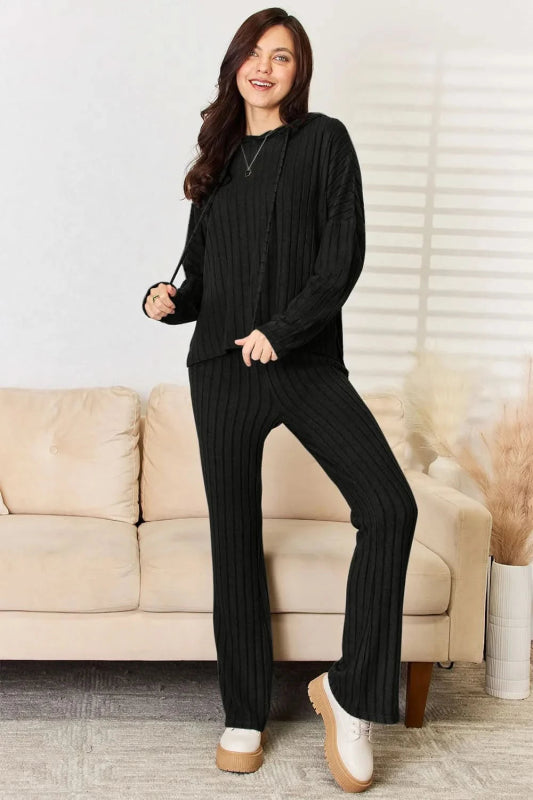 Basic Bae Full Size Ribbed Drawstring Hooded Top and Straight Pants Set - ShalayeFashion