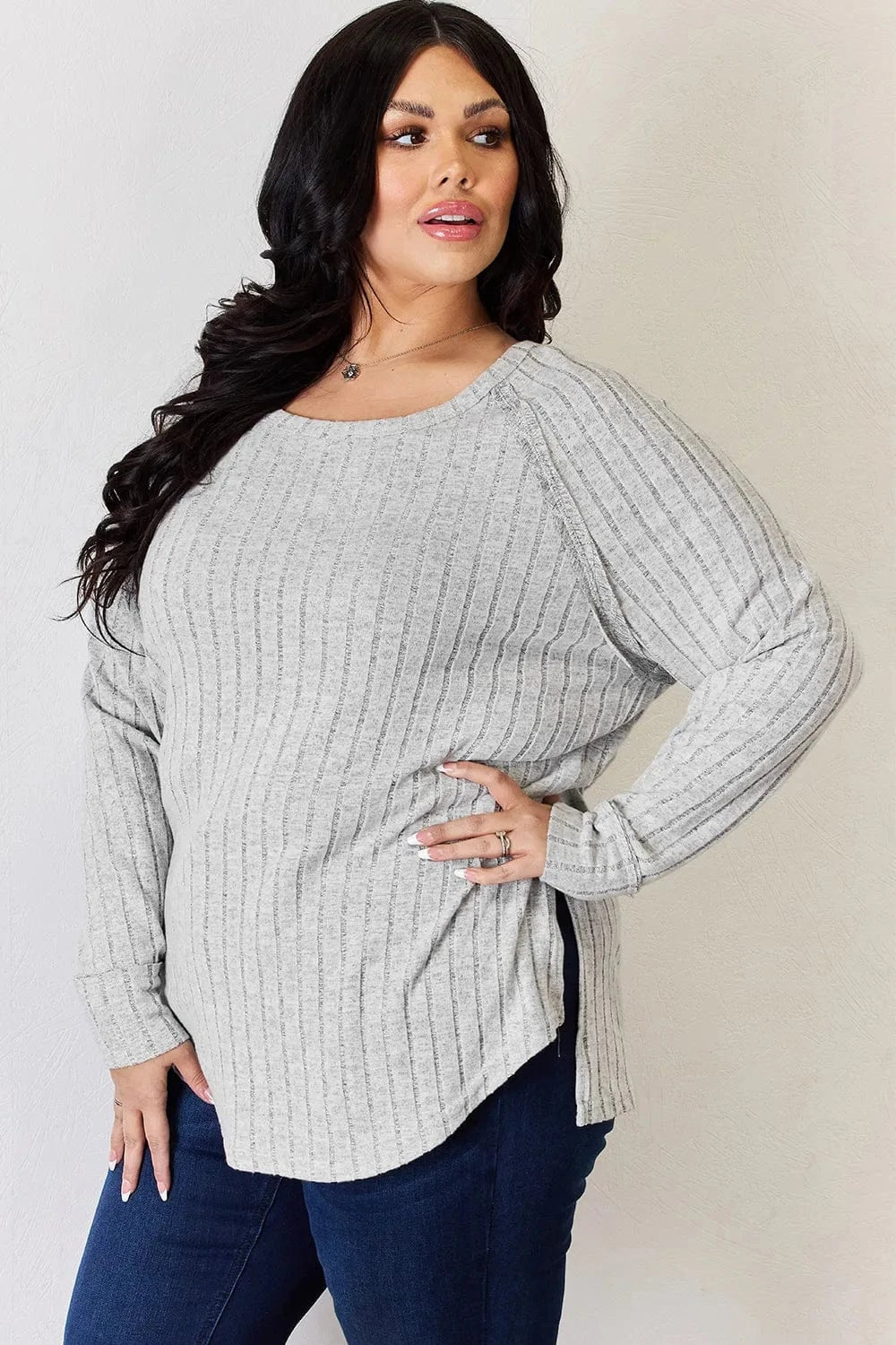 Basic Bae Full Size Ribbed Round Neck Slit T-Shirt - ShalayeFashion
