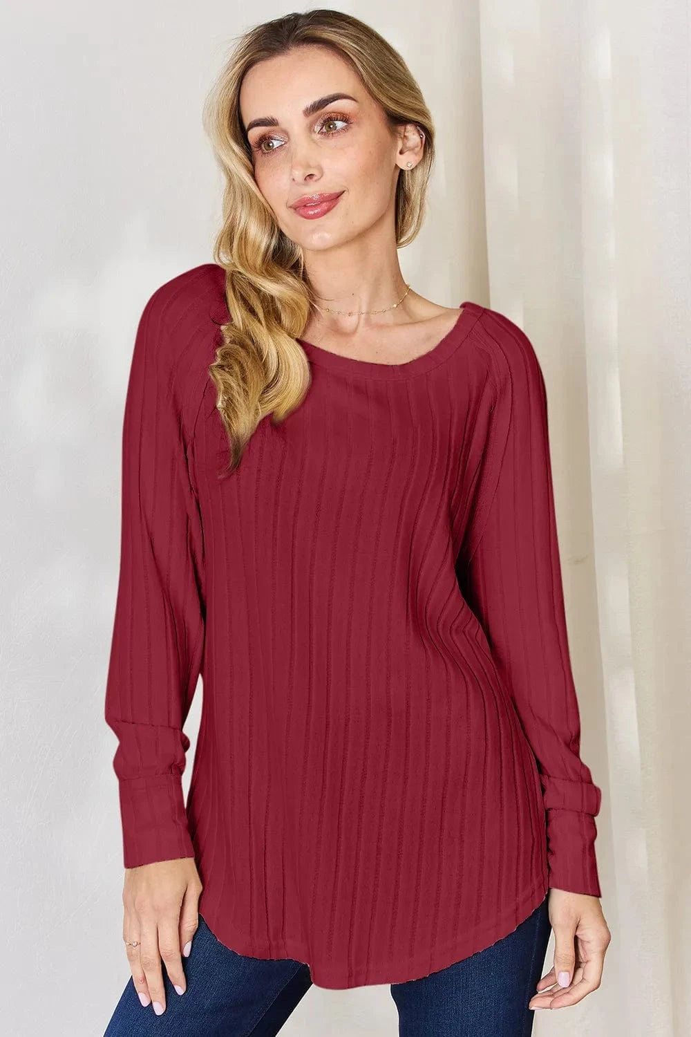 Basic Bae Full Size Ribbed Round Neck Slit T-Shirt - ShalayeFashion