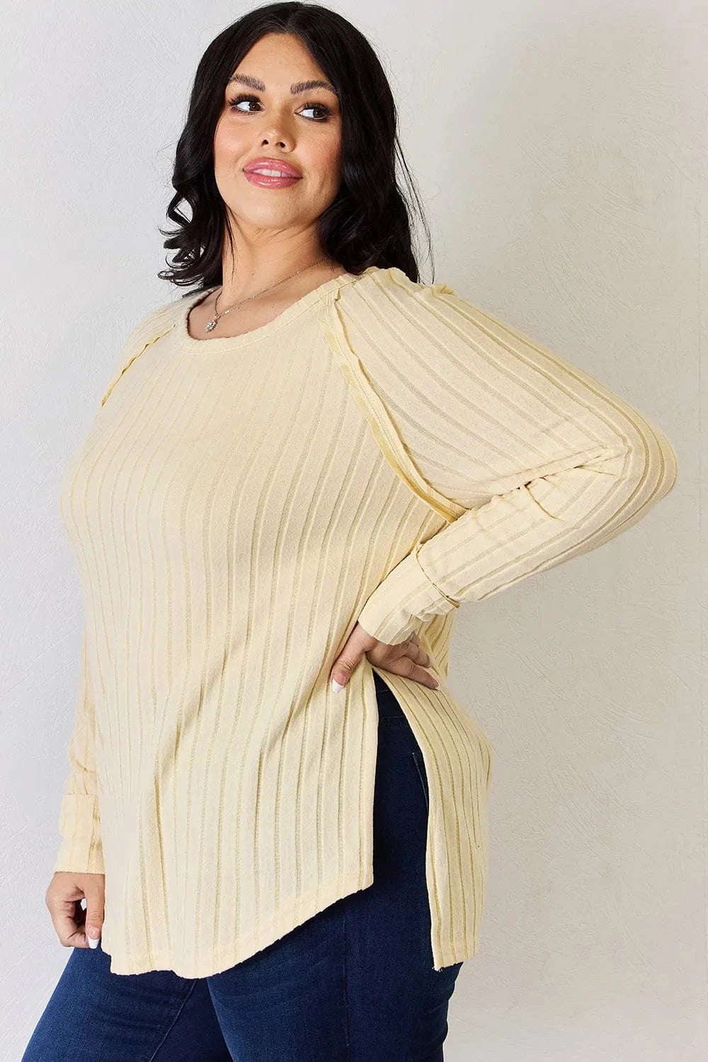 Basic Bae Full Size Ribbed Round Neck Slit T-Shirt - ShalayeFashion