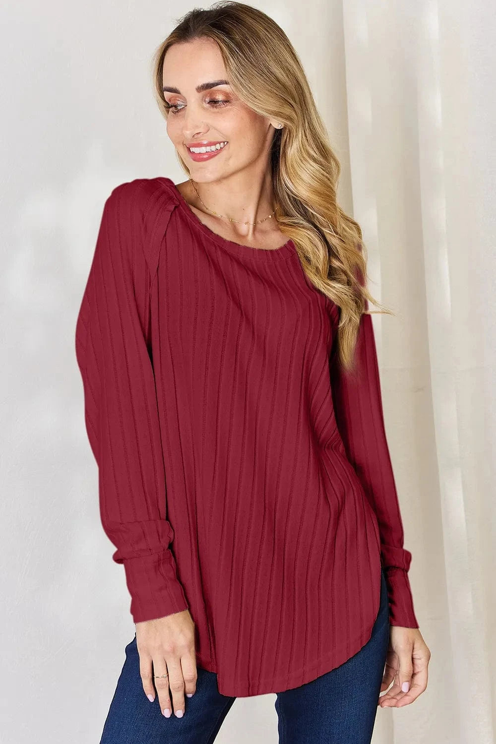 Basic Bae Full Size Ribbed Round Neck Slit T-Shirt - ShalayeFashion