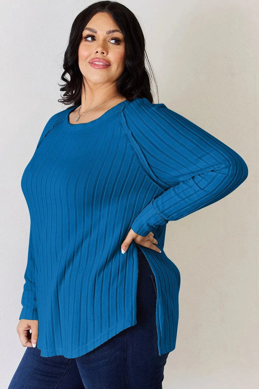 Basic Bae Full Size Ribbed Round Neck Slit T-Shirt - ShalayeFashion