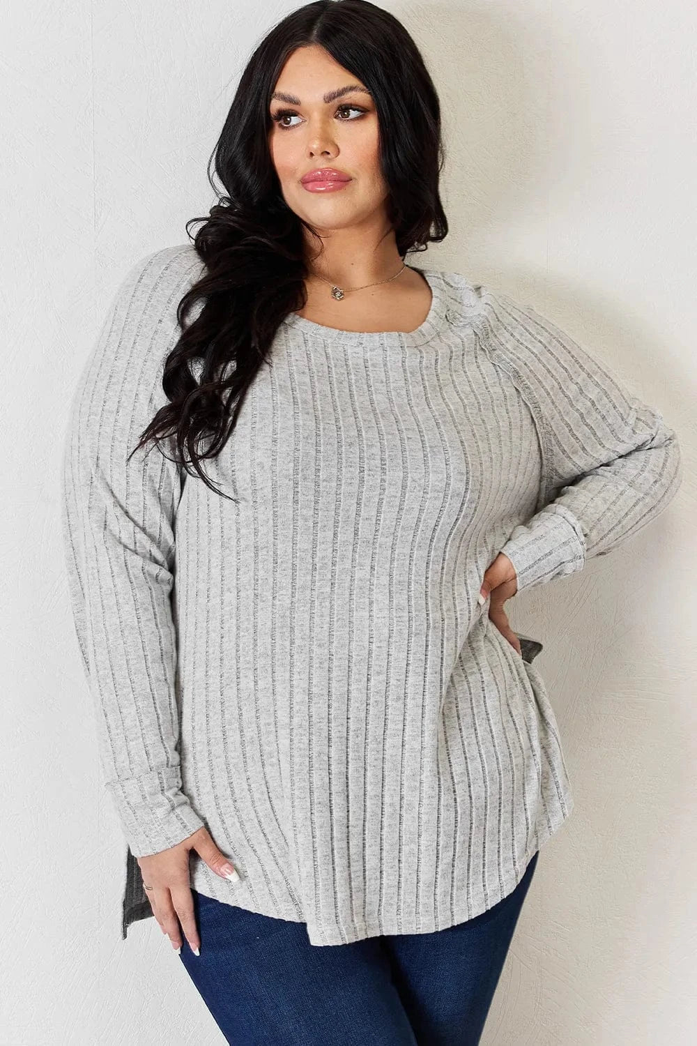 Basic Bae Full Size Ribbed Round Neck Slit T-Shirt - ShalayeFashion