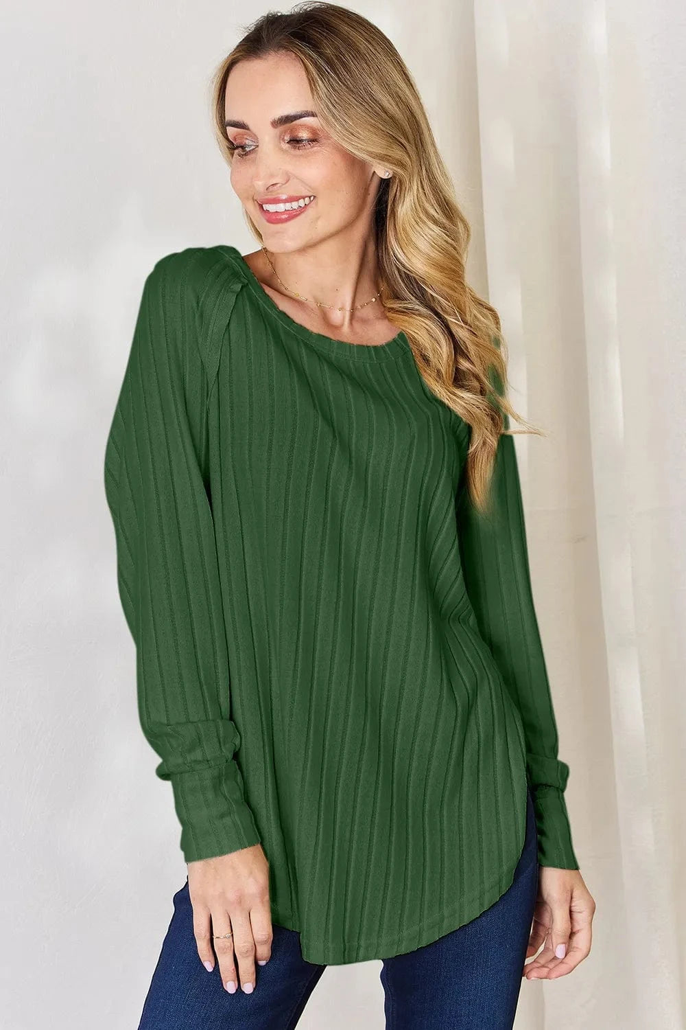 Basic Bae Full Size Ribbed Round Neck Slit T-Shirt - ShalayeFashion