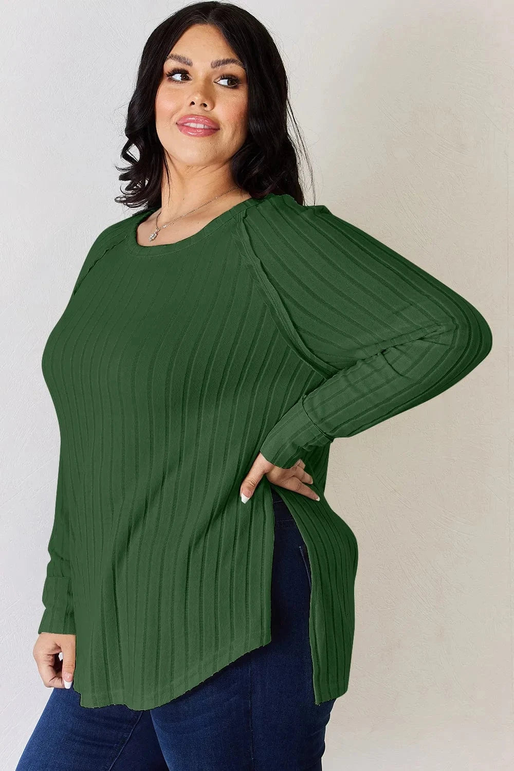 Basic Bae Full Size Ribbed Round Neck Slit T-Shirt - ShalayeFashion