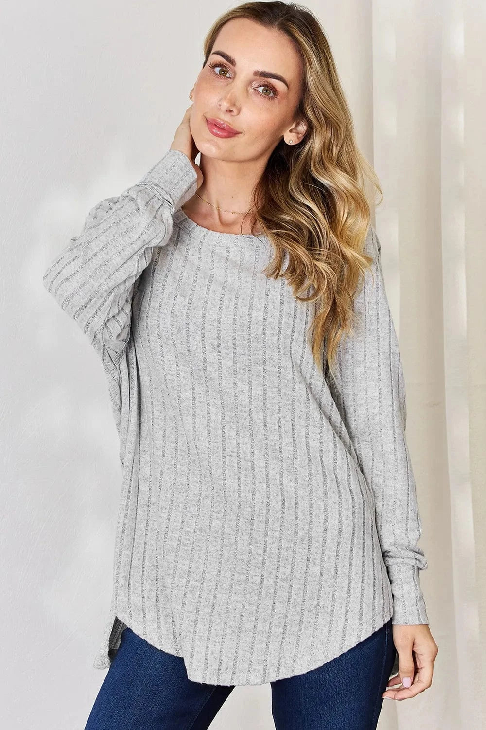 Basic Bae Full Size Ribbed Round Neck Slit T-Shirt - ShalayeFashion
