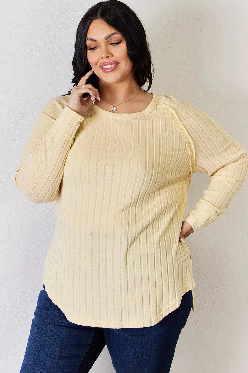 Basic Bae Full Size Ribbed Round Neck Slit T-Shirt - ShalayeFashion