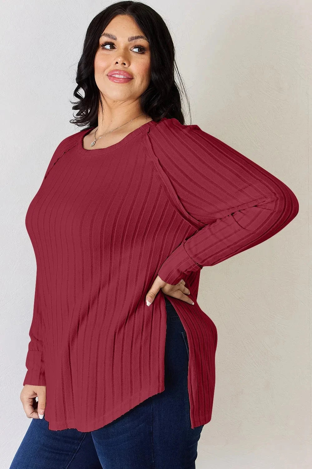 Basic Bae Full Size Ribbed Round Neck Slit T-Shirt - ShalayeFashion