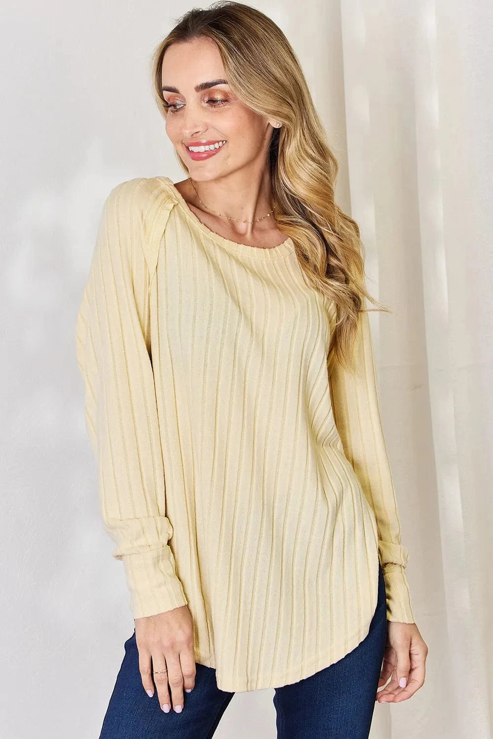 Basic Bae Full Size Ribbed Round Neck Slit T-Shirt - ShalayeFashion
