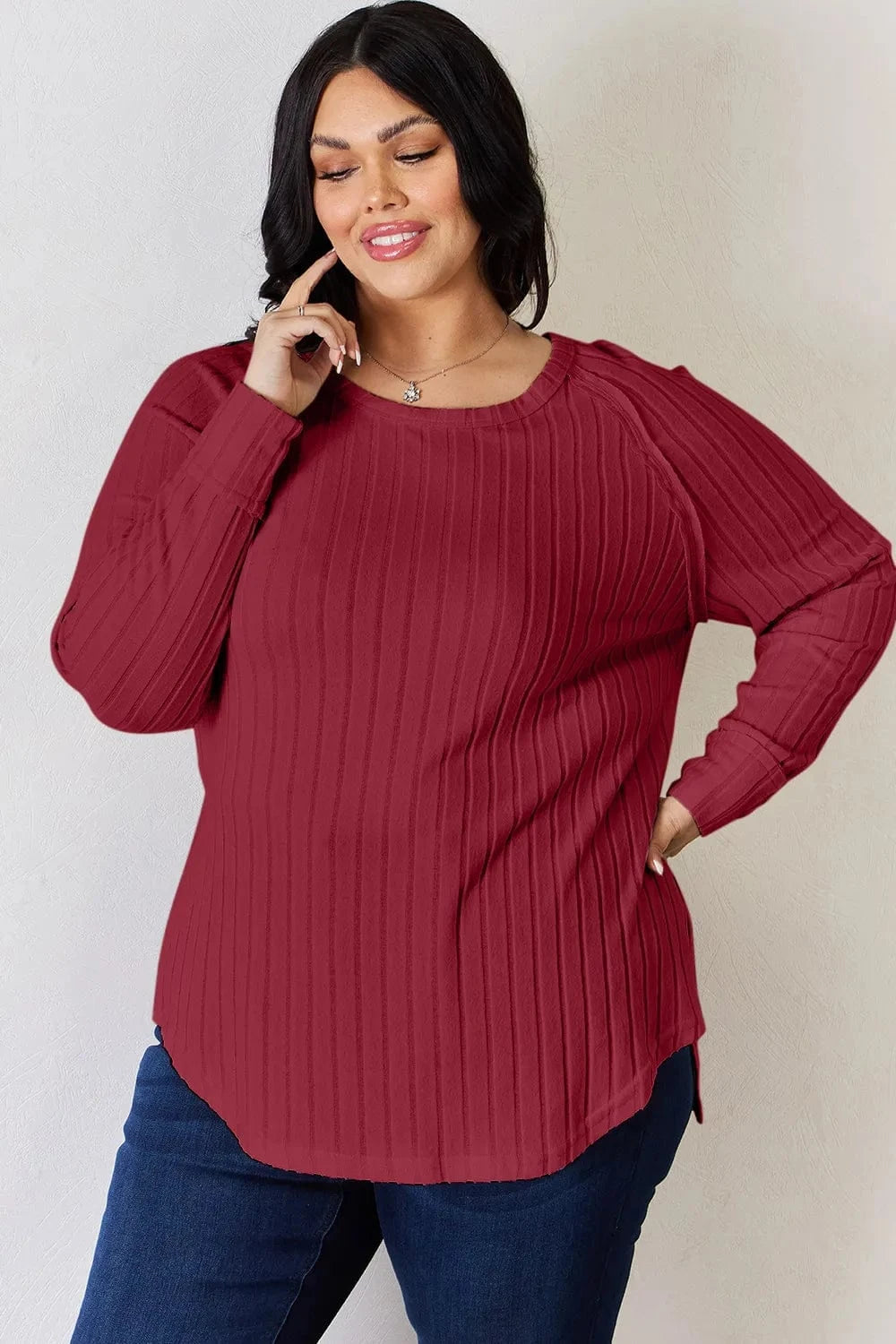 Basic Bae Full Size Ribbed Round Neck Slit T-Shirt - ShalayeFashion