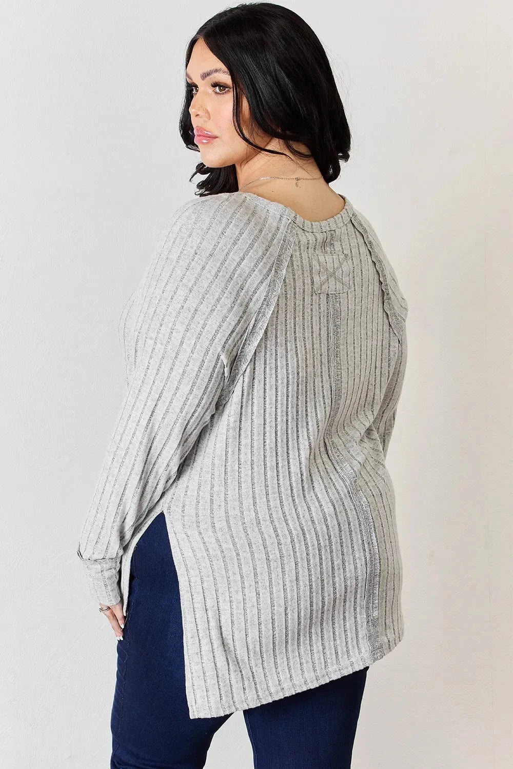 Basic Bae Full Size Ribbed Round Neck Slit T-Shirt - ShalayeFashion