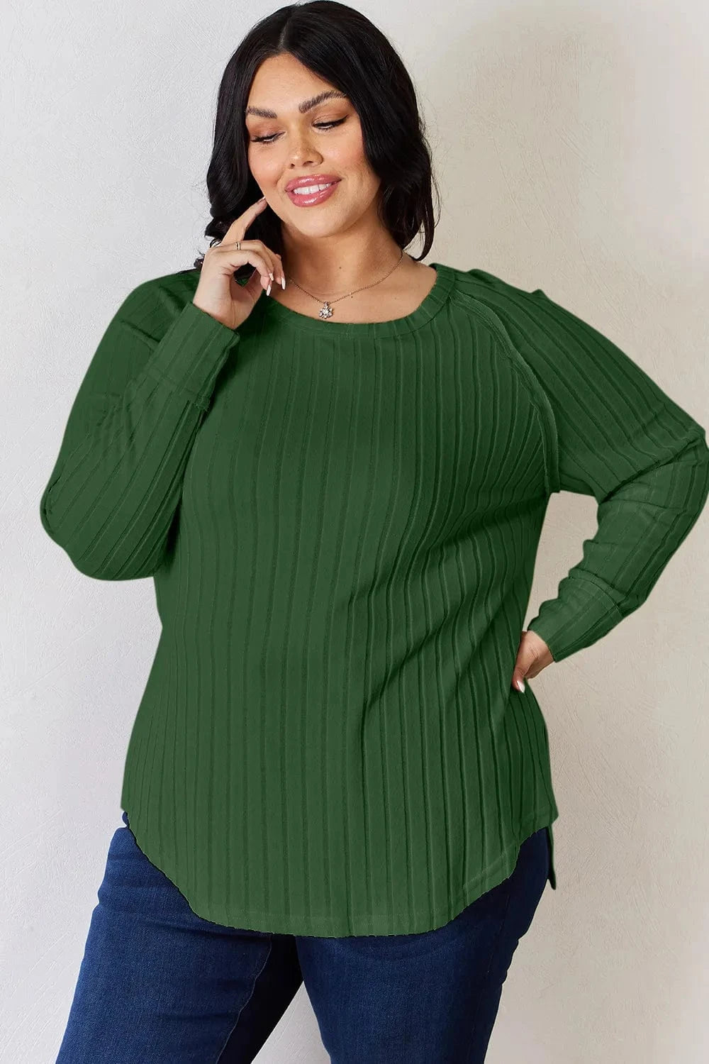 Basic Bae Full Size Ribbed Round Neck Slit T-Shirt - ShalayeFashion