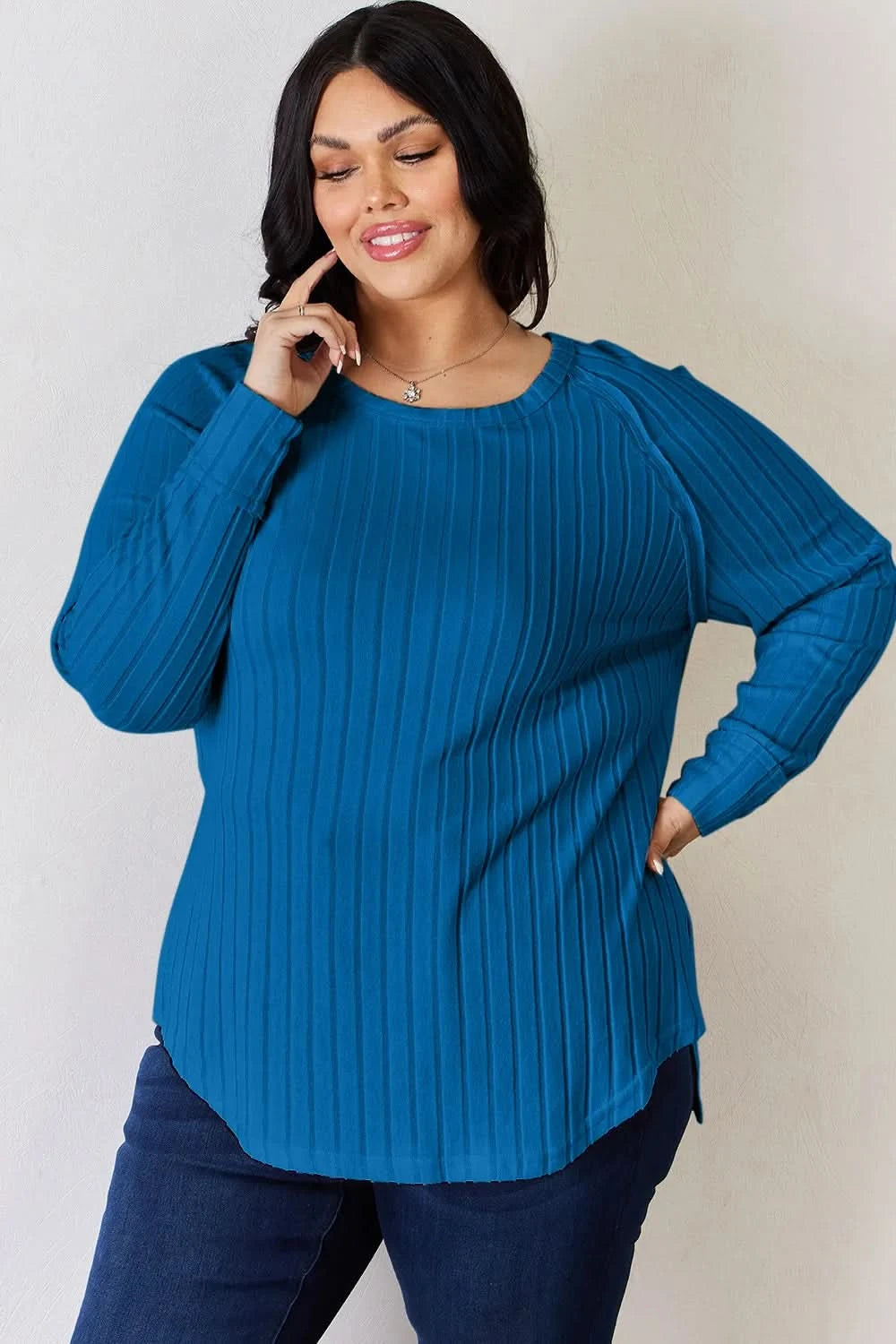 Basic Bae Full Size Ribbed Round Neck Slit T-Shirt - ShalayeFashion