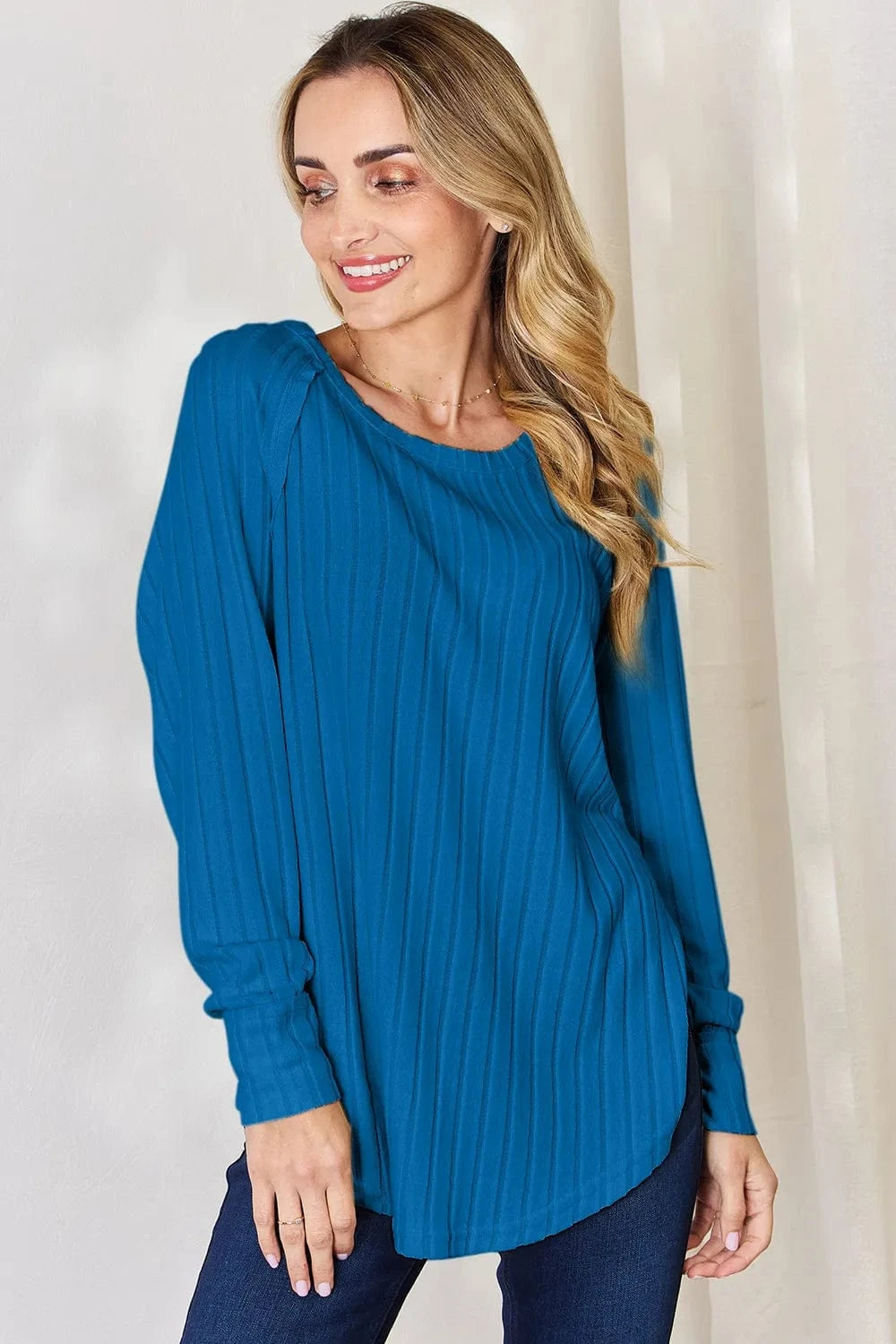 Basic Bae Full Size Ribbed Round Neck Slit T-Shirt - ShalayeFashion