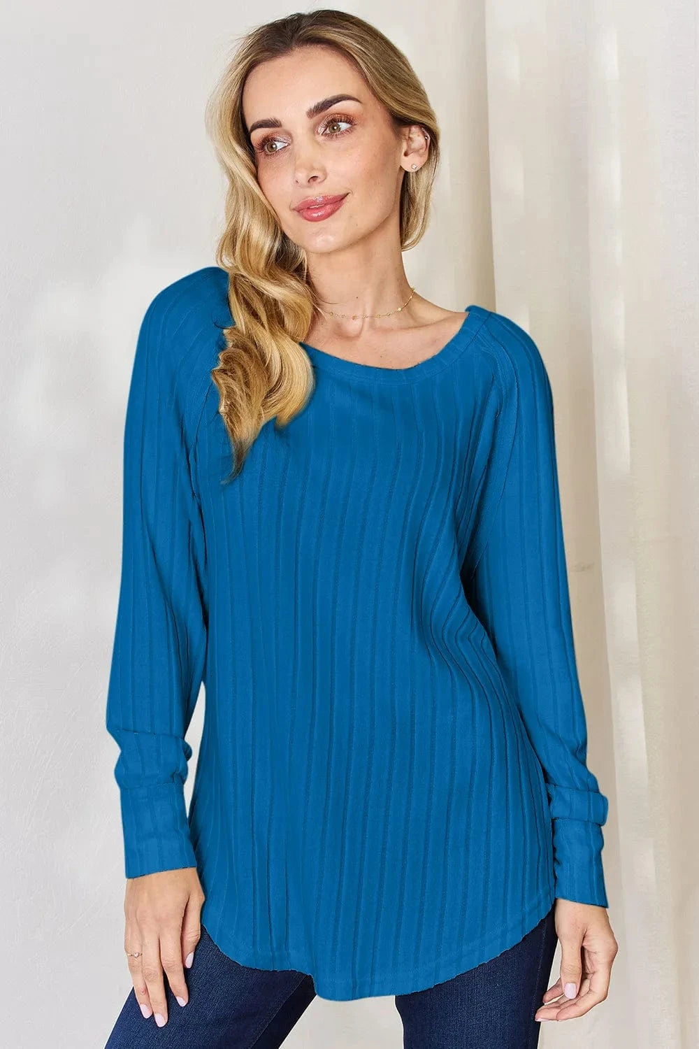 Basic Bae Full Size Ribbed Round Neck Slit T-Shirt - ShalayeFashion