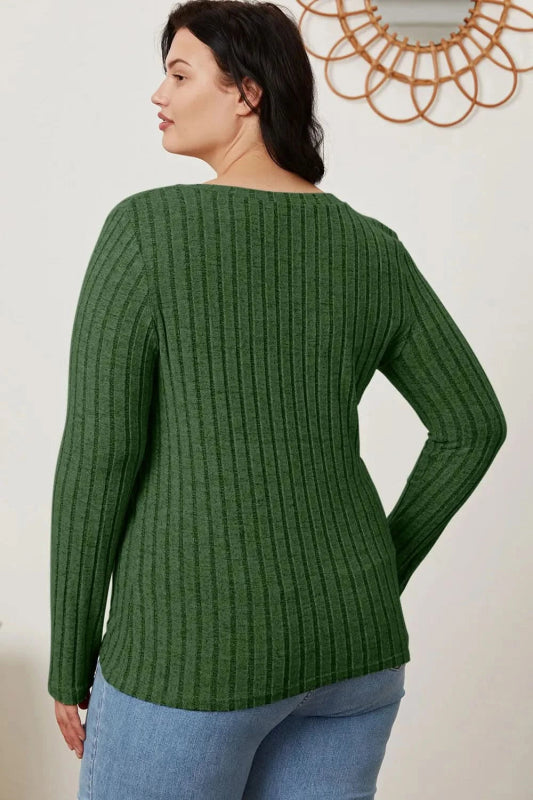 Basic Bae Full Size Ribbed V - Neck Long Sleeve T-Shirt - ShalayeFashion