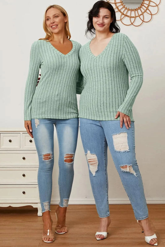 Basic Bae Full Size Ribbed V - Neck Long Sleeve T-Shirt - ShalayeFashion
