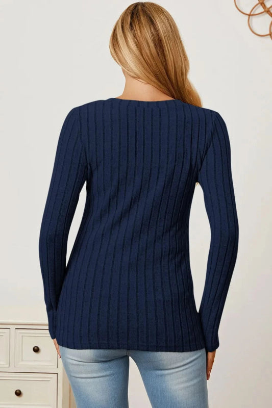 Basic Bae Full Size Ribbed V - Neck Long Sleeve T-Shirt - ShalayeFashion