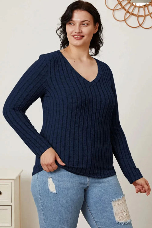 Basic Bae Full Size Ribbed V - Neck Long Sleeve T-Shirt - ShalayeFashion