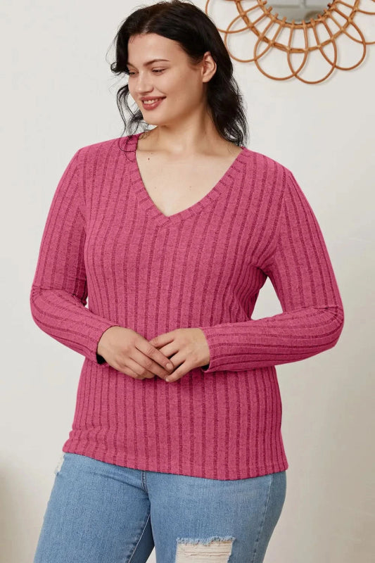 Basic Bae Full Size Ribbed V - Neck Long Sleeve T-Shirt - ShalayeFashion