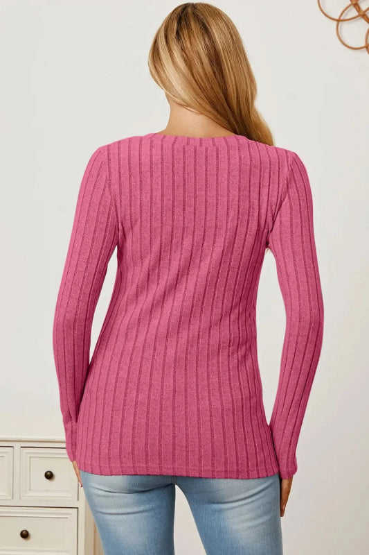 Basic Bae Full Size Ribbed V - Neck Long Sleeve T-Shirt - ShalayeFashion