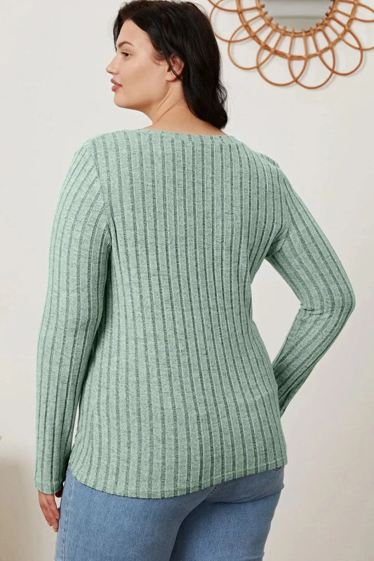 Basic Bae Full Size Ribbed V - Neck Long Sleeve T-Shirt - ShalayeFashion