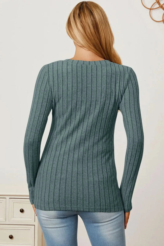 Basic Bae Full Size Ribbed V - Neck Long Sleeve T-Shirt - ShalayeFashion