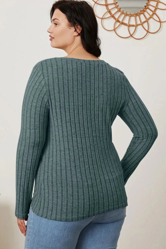Basic Bae Full Size Ribbed V - Neck Long Sleeve T-Shirt - ShalayeFashion