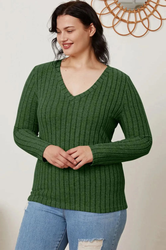 Basic Bae Full Size Ribbed V - Neck Long Sleeve T-Shirt - ShalayeFashion