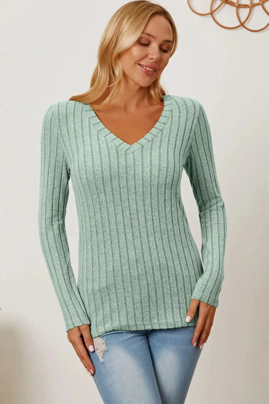 Basic Bae Full Size Ribbed V - Neck Long Sleeve T-Shirt - ShalayeFashion