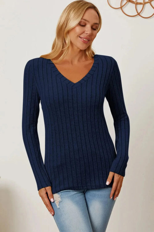 Basic Bae Full Size Ribbed V - Neck Long Sleeve T-Shirt - ShalayeFashion