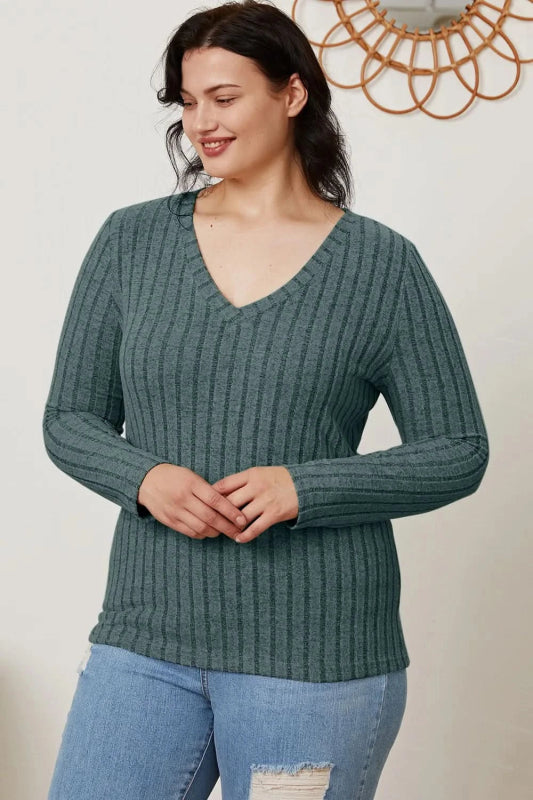 Basic Bae Full Size Ribbed V - Neck Long Sleeve T-Shirt - ShalayeFashion