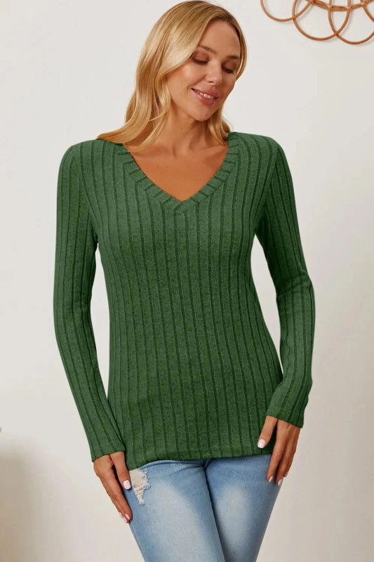 Basic Bae Full Size Ribbed V - Neck Long Sleeve T-Shirt - ShalayeFashion