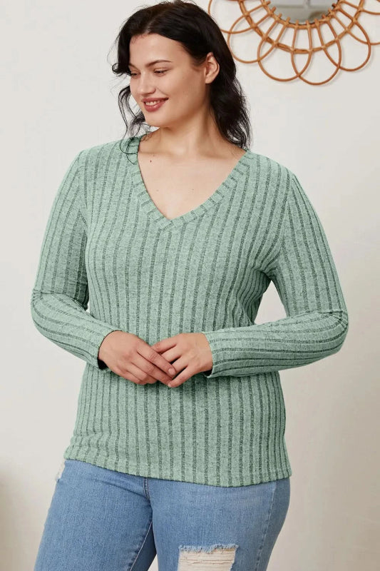 Basic Bae Full Size Ribbed V - Neck Long Sleeve T-Shirt - ShalayeFashion