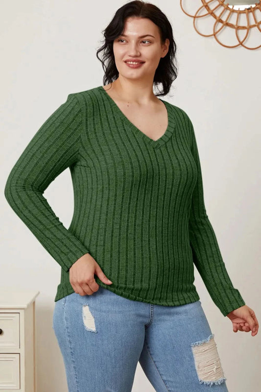 Basic Bae Full Size Ribbed V - Neck Long Sleeve T-Shirt - ShalayeFashion