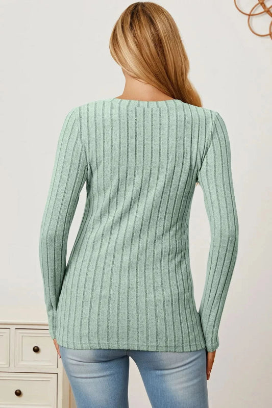 Basic Bae Full Size Ribbed V - Neck Long Sleeve T-Shirt - ShalayeFashion